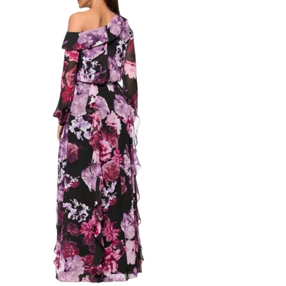 NWT XSCAPE Black Floral Sheer Long Sleeve Ruffle Detail Slit Dress Gown Size 6 - Picture 3 of 7